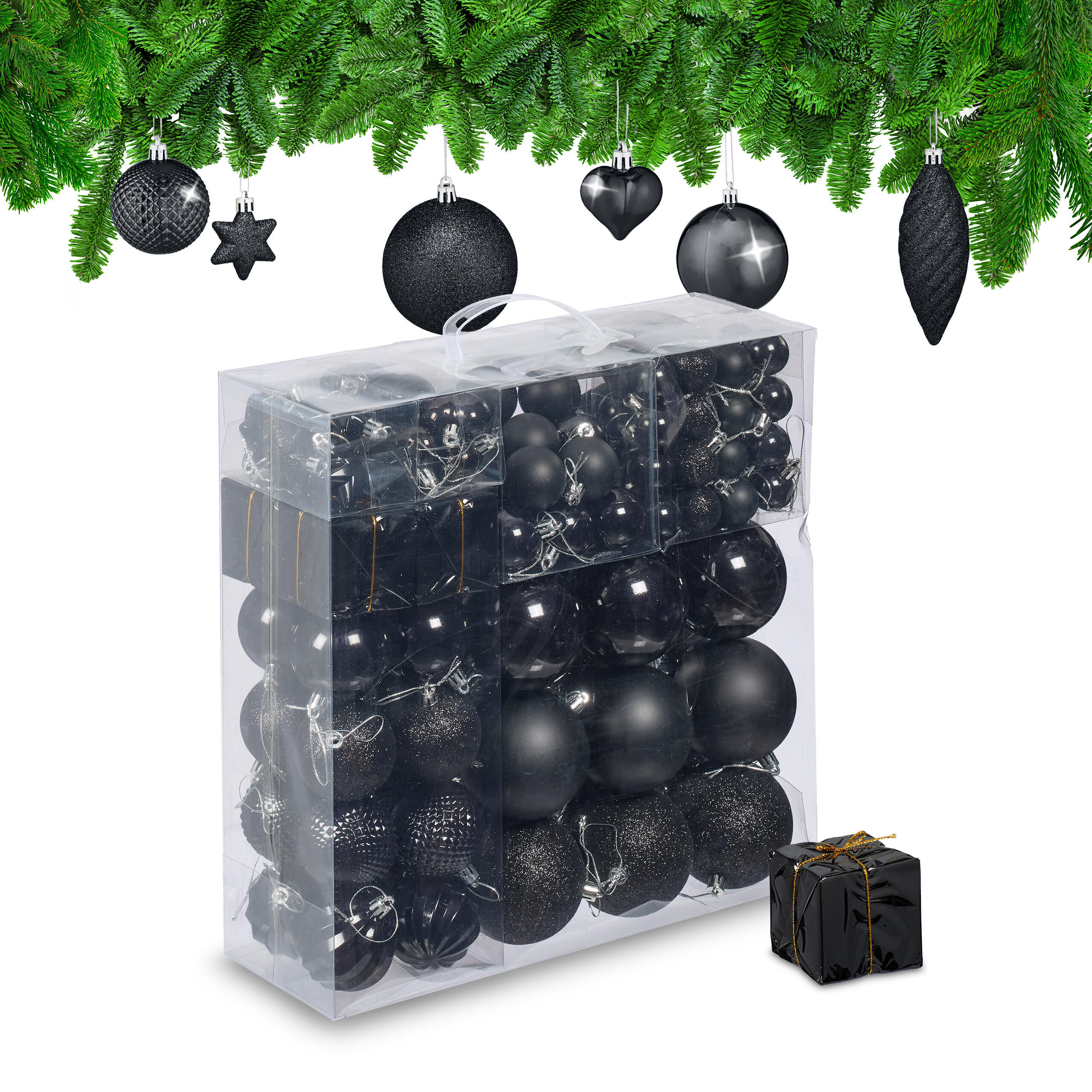 WEIHNACHTSKUGELN-SET 110-tlg. - Schwarz, Kunststoff (8/9/8cm) - Relaxdays
