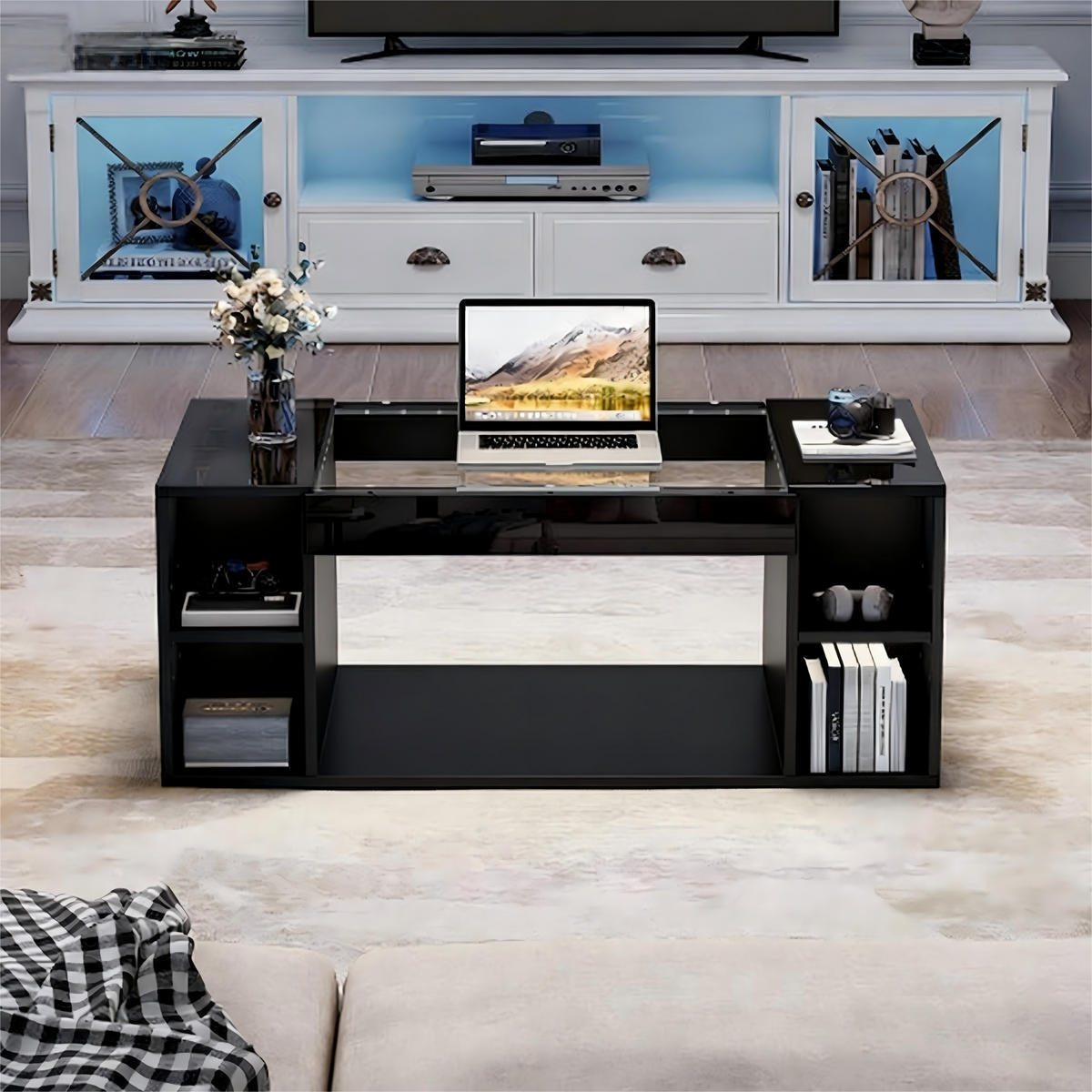 COUCHTISCH 100/50/40 cm Schwarz mit LED-Beleuchtung und Glasplatte aus MDF - Schwarz, Holzwerkstoff (100/50/40cm) - OKWISH