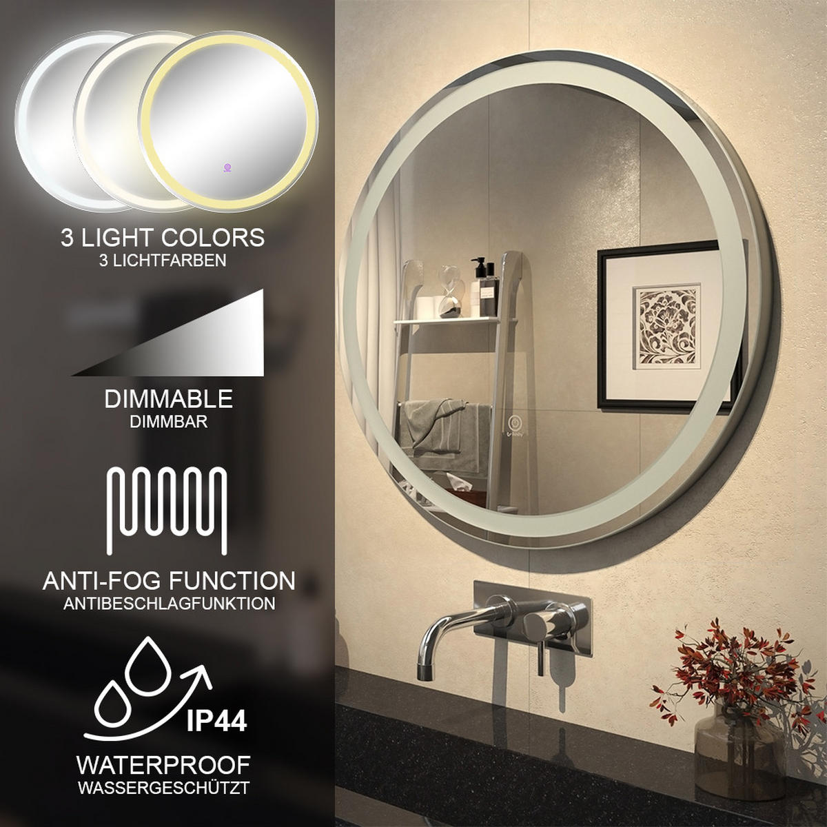 BADEZIMMERSPIEGEL Lumos Weiß 70 cm mit Touchschalter - Weiß, Glas (70/70/4cm) - Vicco