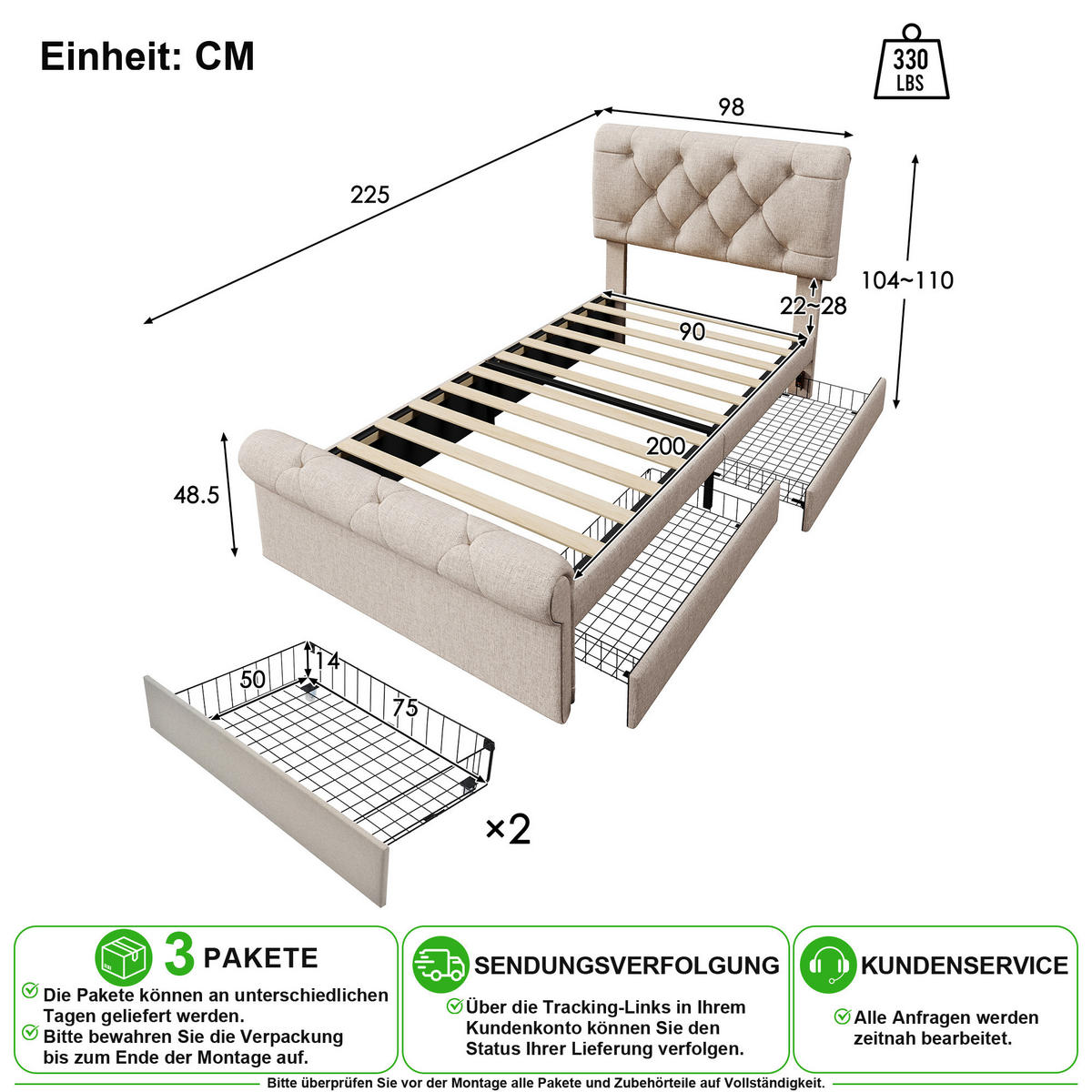 ČALOUNĚNÁ POSTEL 90/200 cm v přírodní barvě se 2 zásuvkami a matrací - přírodní, kov/kompozitní dřevo (90/200cm) - CHICFURN