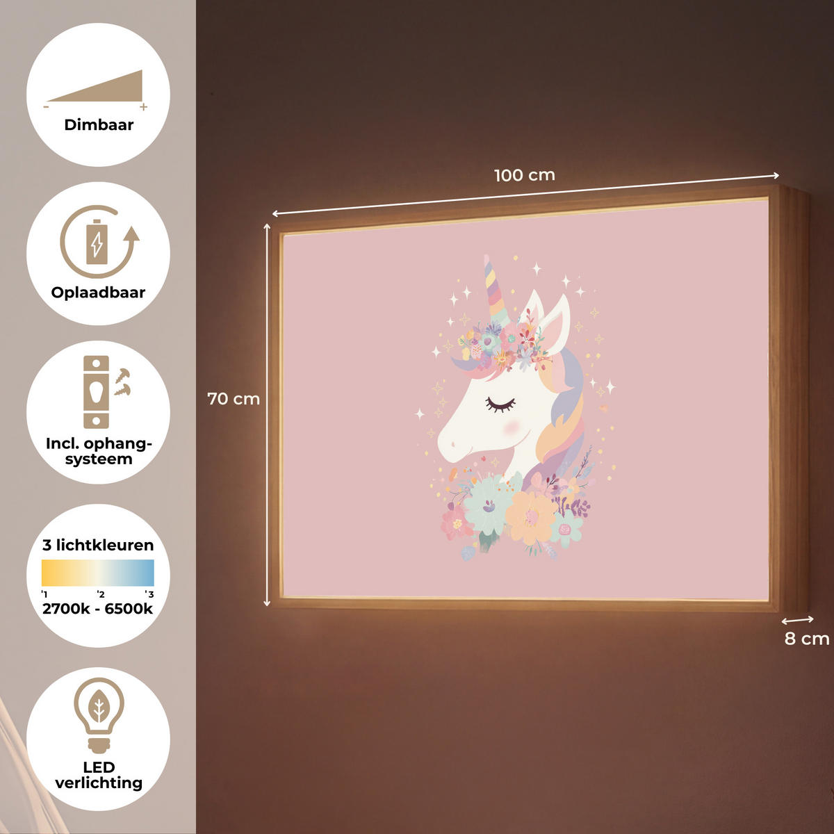 NÁSTĚNNÁ LAMPA S AKUMULÁTOREM Jednorožec - růžová - květiny 100x70 cm - růžová, kompozitní dřevo (100/70/8cm) - OnlyWow