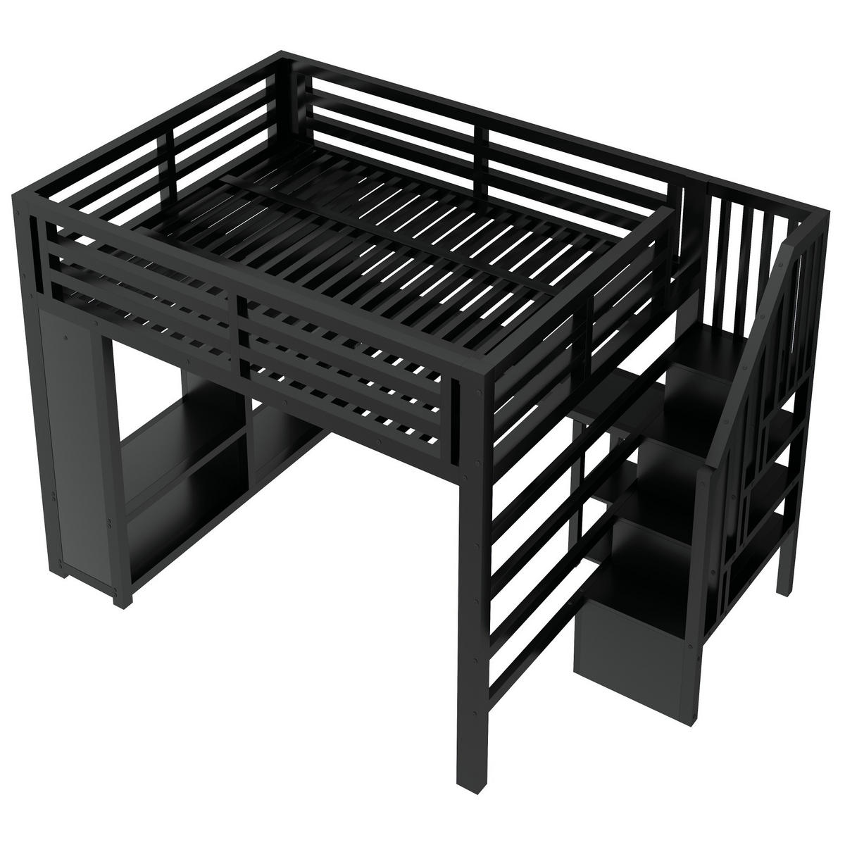 HOCHBETT 160/200 cm in Schwarz mit Schreibtisch, LED, Treppe und Kleiderschrank - Schwarz, Metall (160/200cm) - STILVORA
