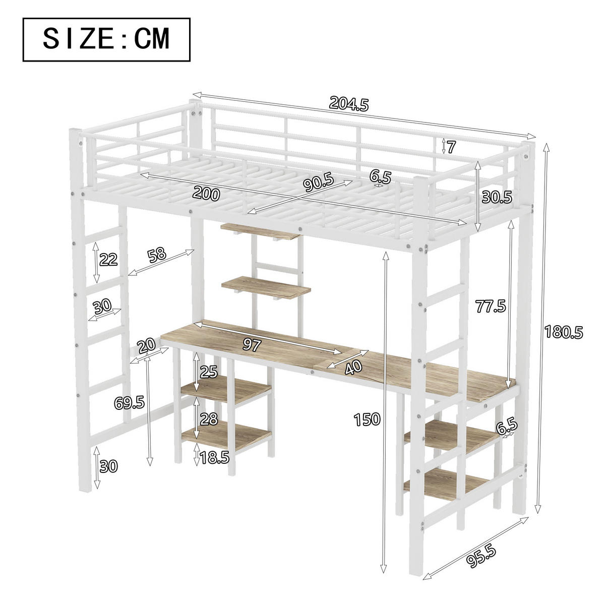 ETAGENBETT 90/200 cm mit Schreibtisch, Regalen und Fallschutz aus Metall und MDF, Weiß - Weiß, Holzwerkstoff (90/200cm) - Redom