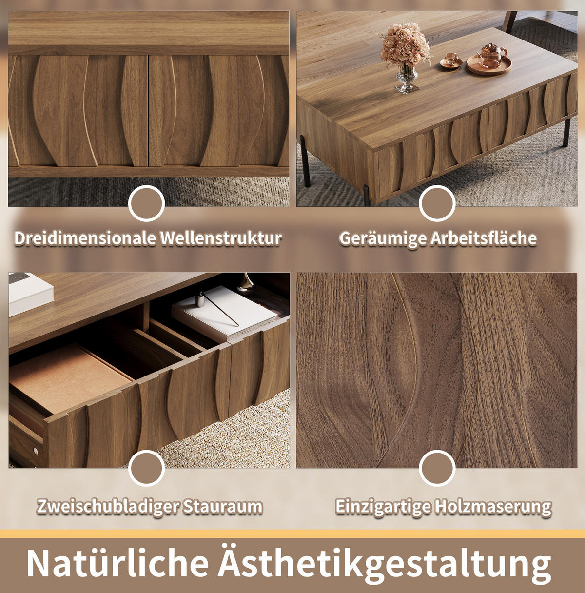 COUCHTISCH aus MDF und Spanplatte 105x55x41 cm in Natur mit 2 Schubladen - Naturfarben, Holzwerkstoff (105/55/41cm) - Modfu