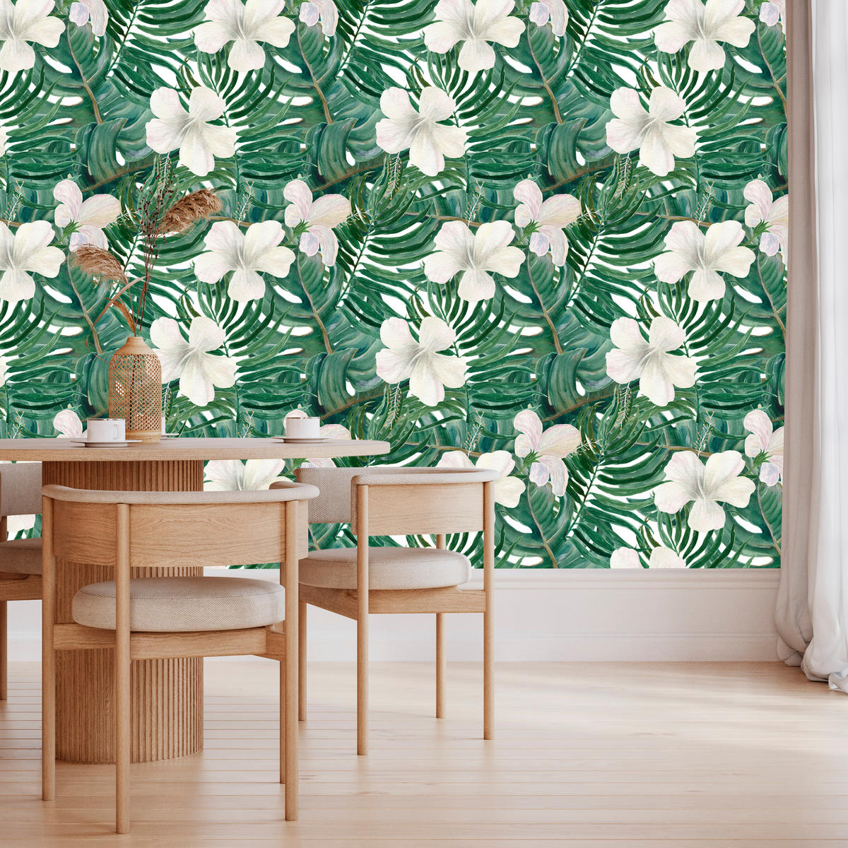 VLIESTAPETE Monstera und Hibiskusblüten – Grün, Weiß – 50x1000 cm - Weiß/Grün, Papier (50/1000cm) - Muralo