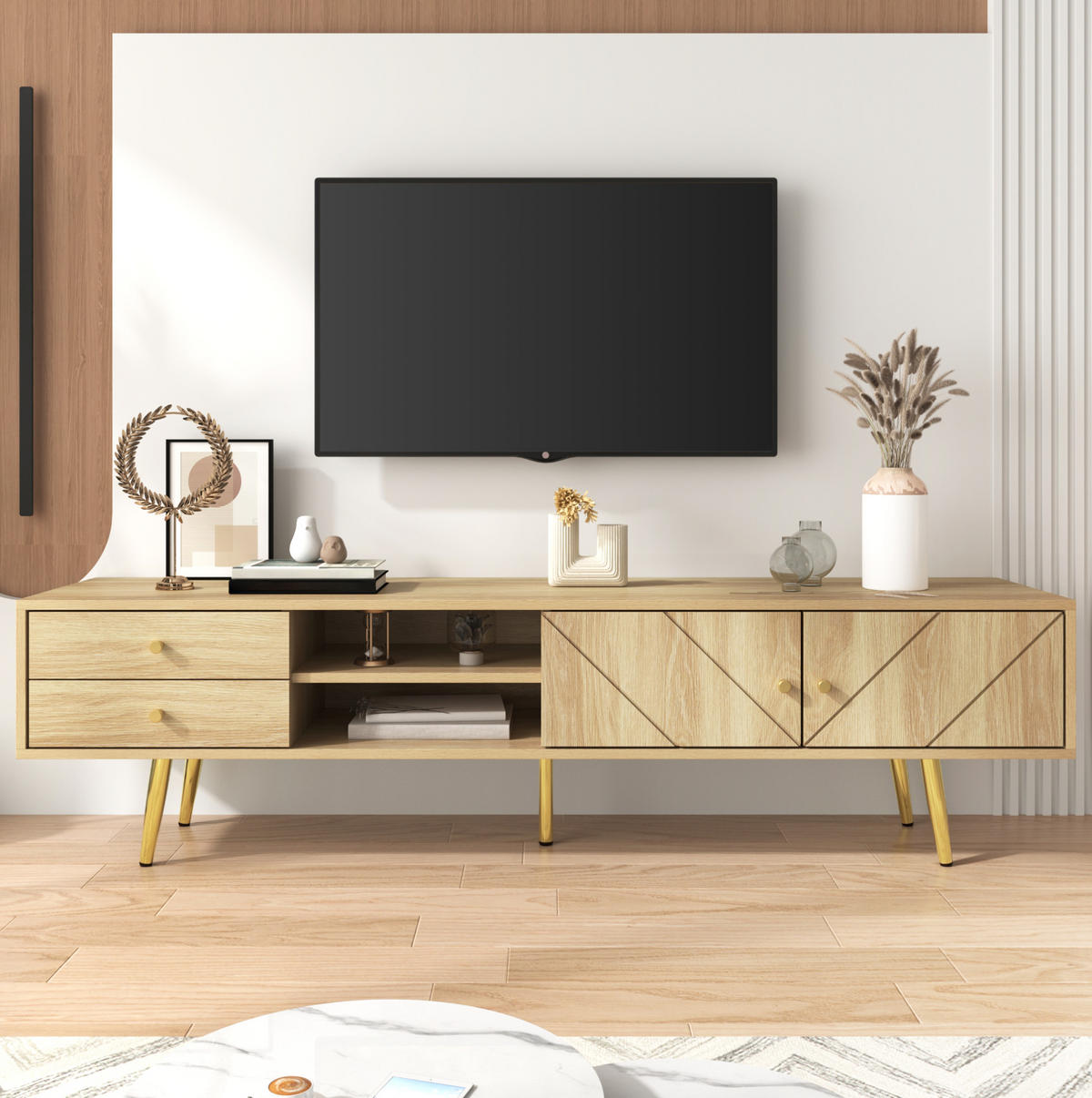 TV ormarić 160/36/42 cm boje drveta od MDF-a i iverice s 2 ladice i vratima s reljefnim uzorkom - smeđa, drvni materijal (160/42/36cm) - OKWISH