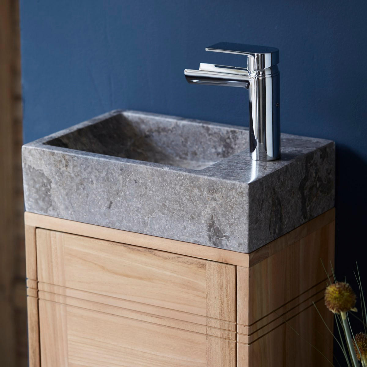 BADUNTERSCHRANK Basic Grau aus Teak - Grau, Holz (38/40/25cm) - Tikamoon