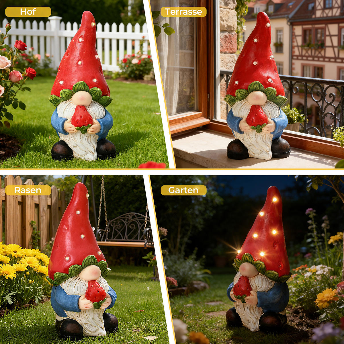 40 cm Erdbeer-Zwergelf LED Gartenfigur Zwerg, Garten- und Hofdekoration Geschenkidee für Mama - Multicolor, Naturmaterialien (19.5/40/19cm) - Hometopia
