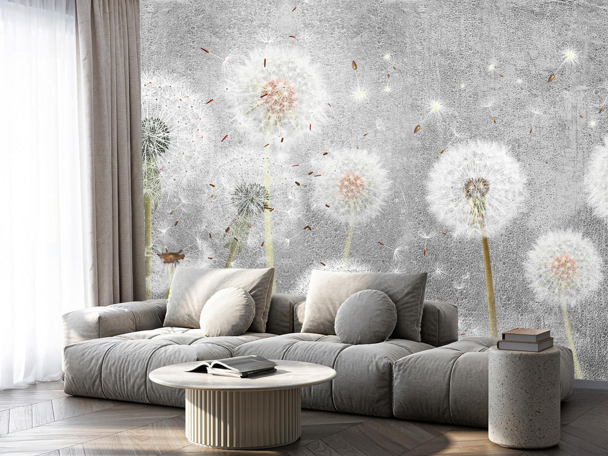 FOTOTAPETE für Schlafzimmer Retro Löwenzahn Beton Minimalistisch 450x315 - Gelb/Weiß, Papier (450/315cm) - Muralo