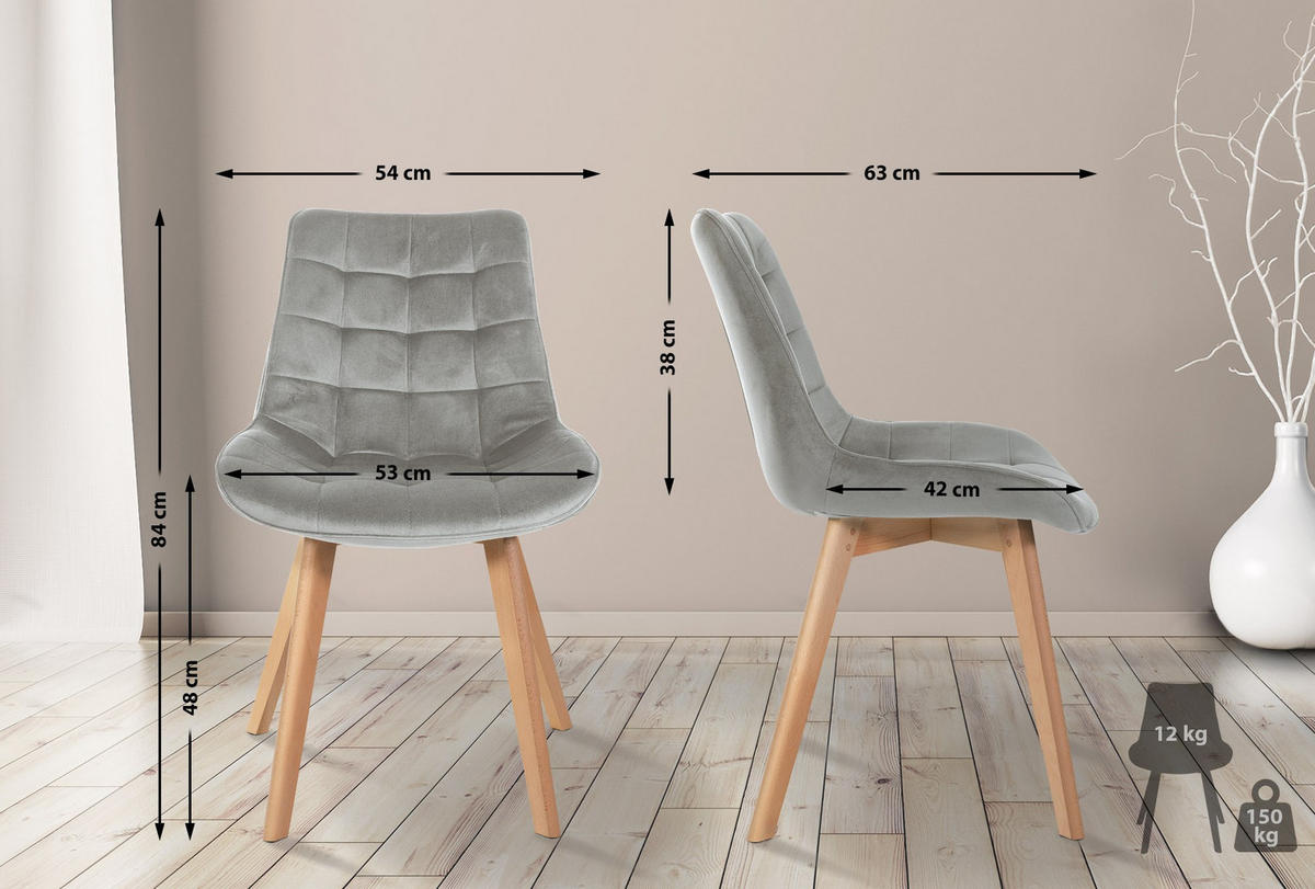 STUHL 2er Set Samt grau - Eukalyptusholzfarben/Grau, Holz/Textil (54/84/63cm) - CLP