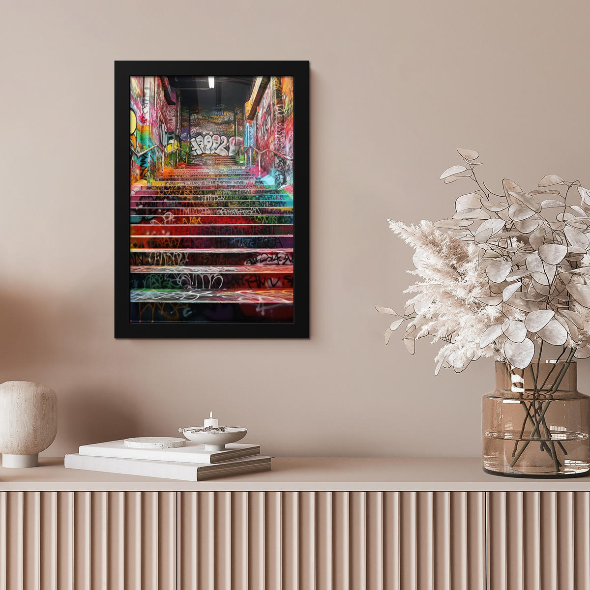 GERAHMTES BILD Treppe - Graffiti - Farben - Kunst 20x30 cm - Multicolor, Papier (20/30cm) - MuchoWow