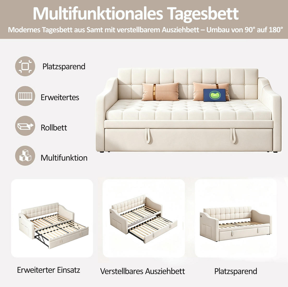 POLSTERBETT Schlafsofa aus Samt 90x190 cm Beige ausziehbar mit USB-Anschlüssen - Beige, Textil (90/190cm) - Modfu