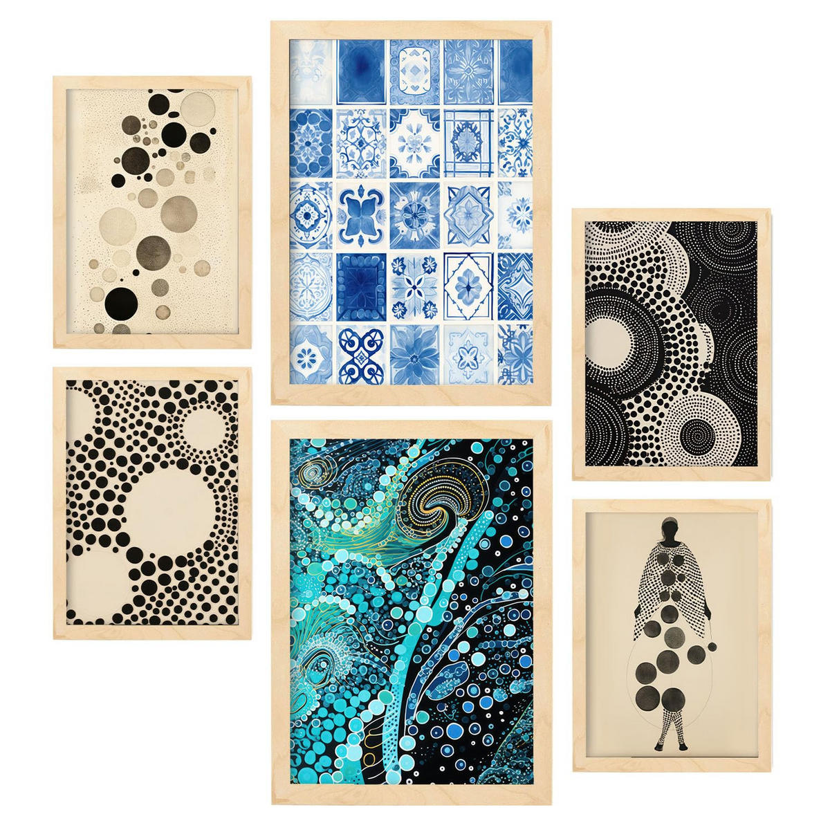 POSTER Set Mit 6 Schillernde Punkte In Vielseitiger A3 & A4 Rahmen Aus Hellem Holz - Beige, Papier (29/3cm) - Nacnic