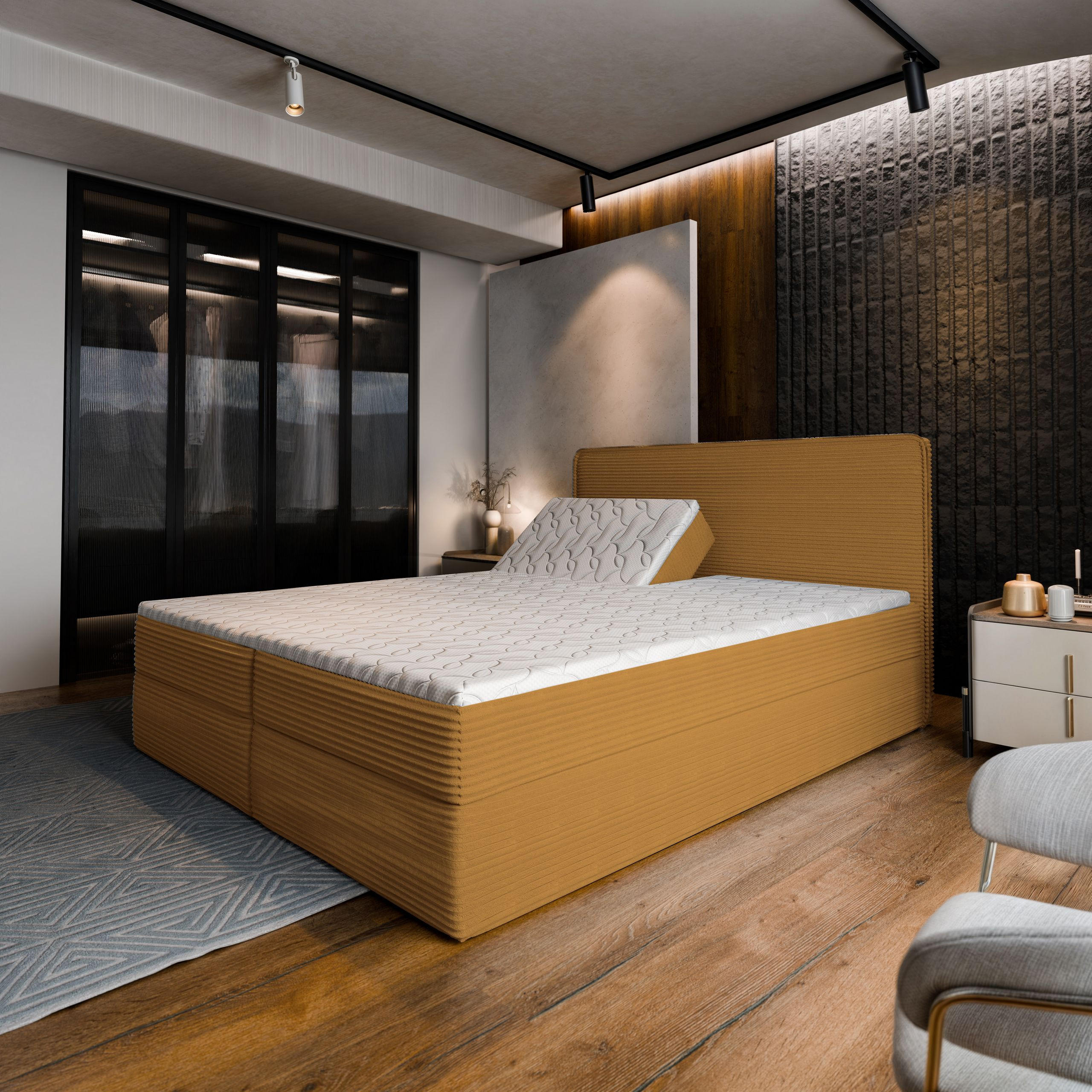 BOXBETT ASTOR 140x200 cm mit Matratze und Topper - Gelb - Gelb, Holz (140/200cm) - MASSENO