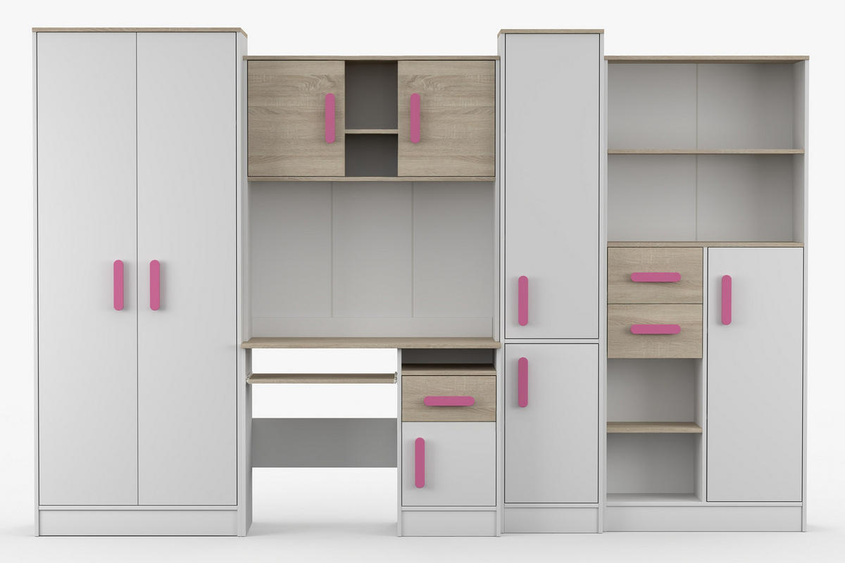 KINDERZIMMER MIKI Korpus Weiß | Griffe Rosa - Rosa/Weiß, Holz/Holzwerkstoff (300/197/52cm) - Deine Möbel 24