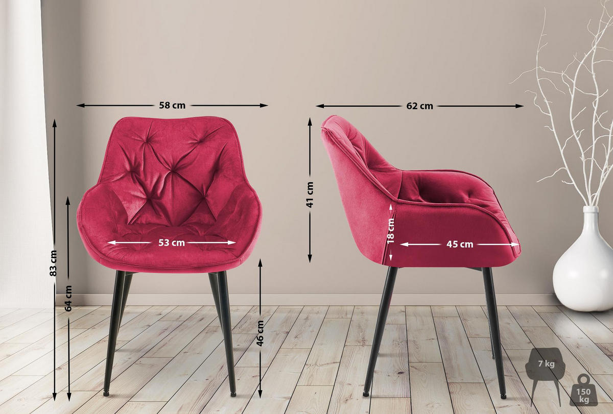 ARMLEHNENSTUHL 4er Set Samt rot - Rot/Schwarz, Textil/Metall (58/83/62cm) - CLP