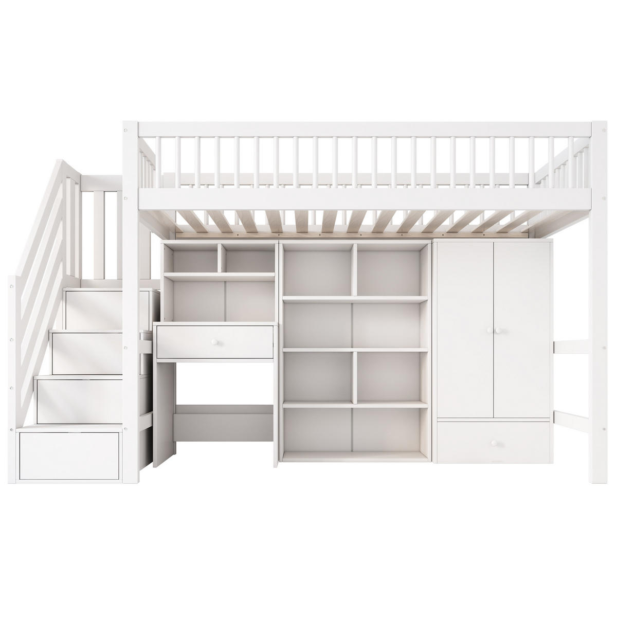 HOCHBETT 90/200 cm in Weiß mit Schreibtisch, Treppe und Kleiderschrank - Weiß, Holzwerkstoff (90/200cm) - Flora Grace