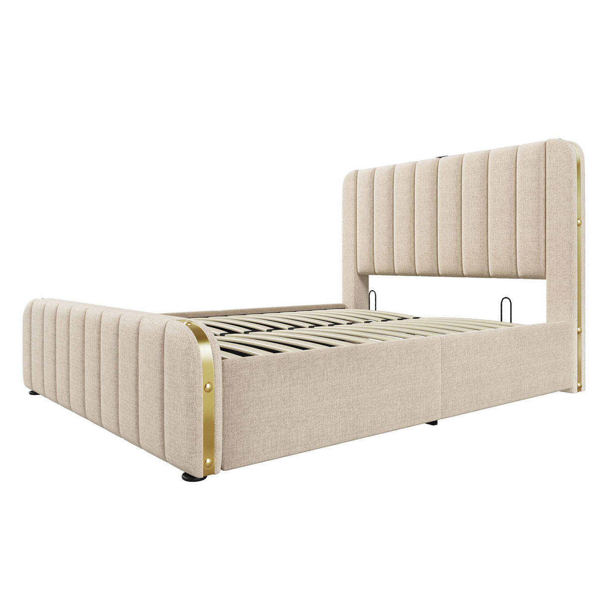 POLSTERBETT aus Leinenstoff 140x200 cm Beige mit hydraulischem Bettkasten, USB- und USB-C-Anschluss - Beige, Textil (140/200cm) - IVMEU
