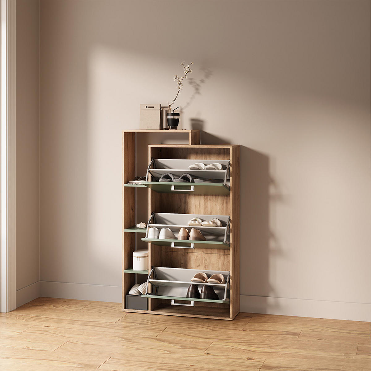 SCHUHKIPPER Ortello Goldkraft Eiche/Grün 80 x 128.3 cm mit 3 Fächern - Eichefarben/Grün, Holzwerkstoff (80/128.3/24.2cm) - Livinity®