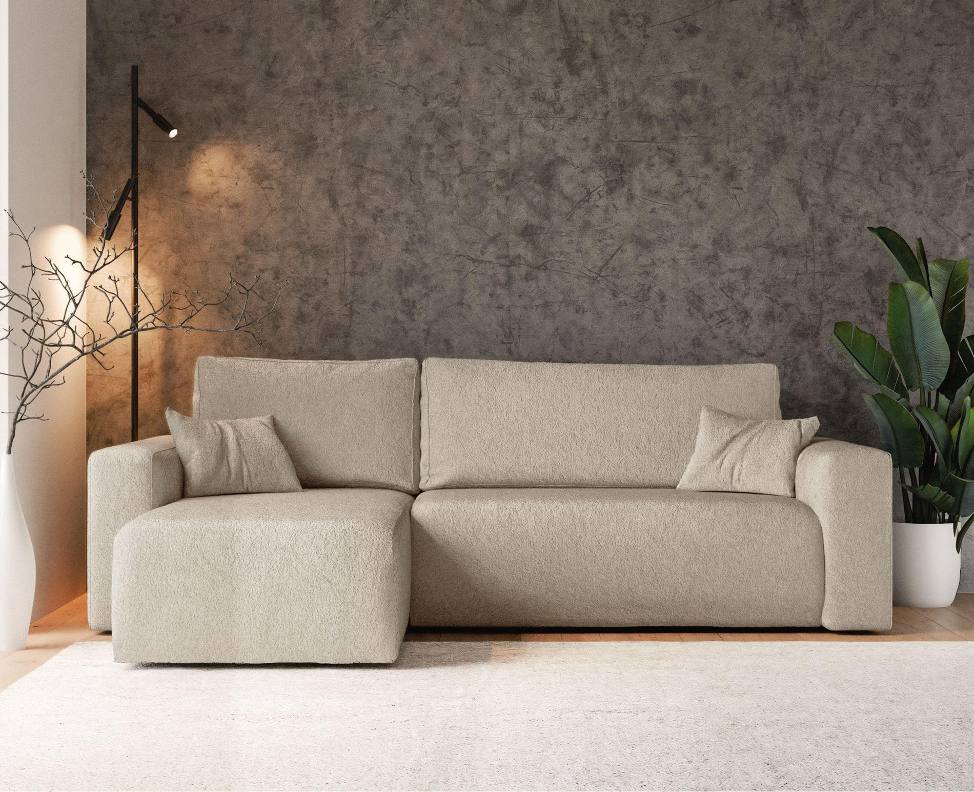 ECKSOFA Pianoni Hellbeige Bouclé-Bezug - Ecru/Schwarz, Kunststoff/Textil (244/140cm) - Selsey