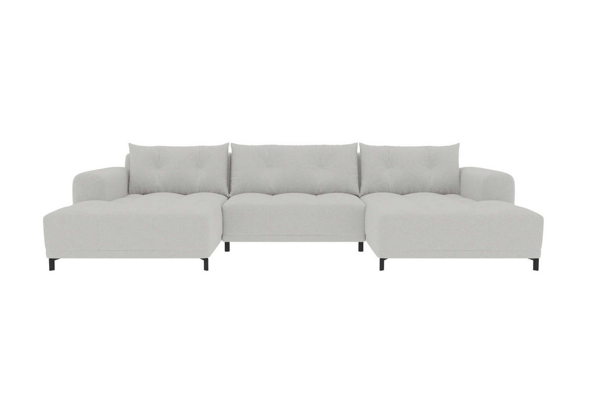 WOHNLANDSCHAFT Strukturstoff Hellgrau inkl. Schlaffunktion - Hellgrau/Schwarz, Textil/Metall (348/94/181cm) - 99rooms