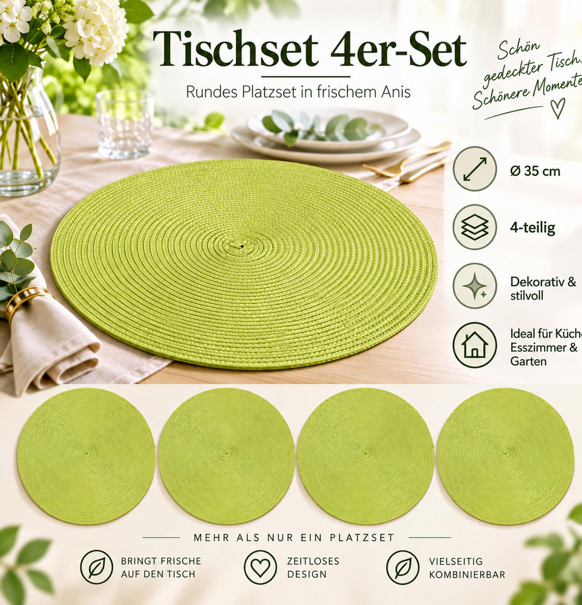 PLATZSET 4er Set Polypro Anis 35 cm rund - Limette, Kunststoff (35cm) - TiborTex