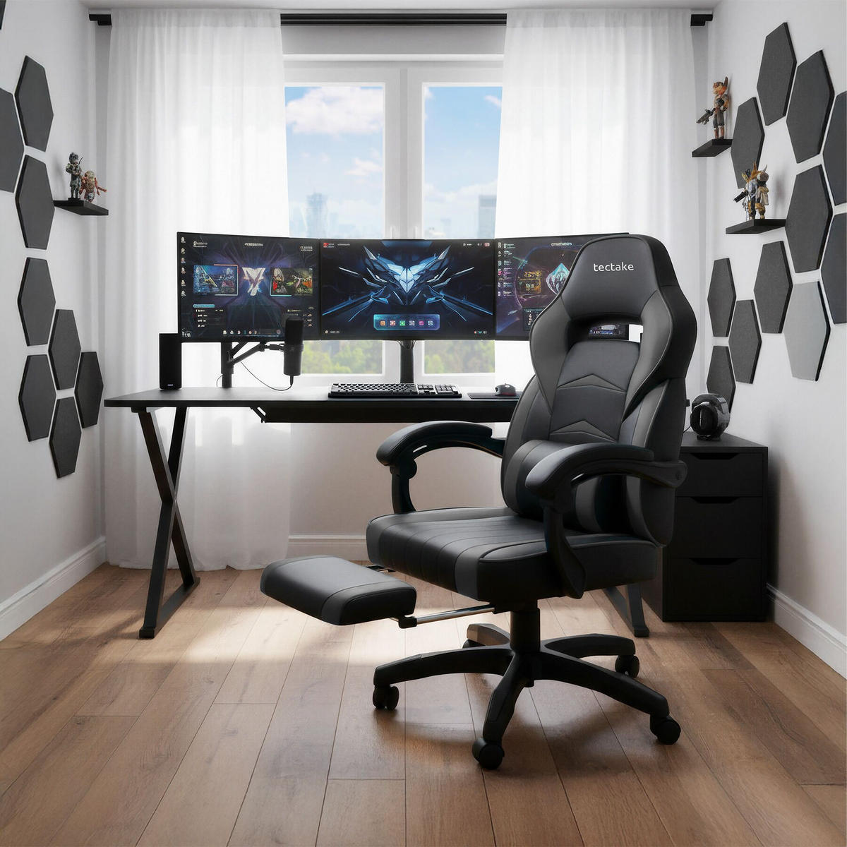 RACING BÜROSTUHL Comodo,inklusive Lendenkissen, Belastbarkeit 120 kg,schwarz/schwarz - Schwarz, Textil (70/127.5/69cm) - tectake