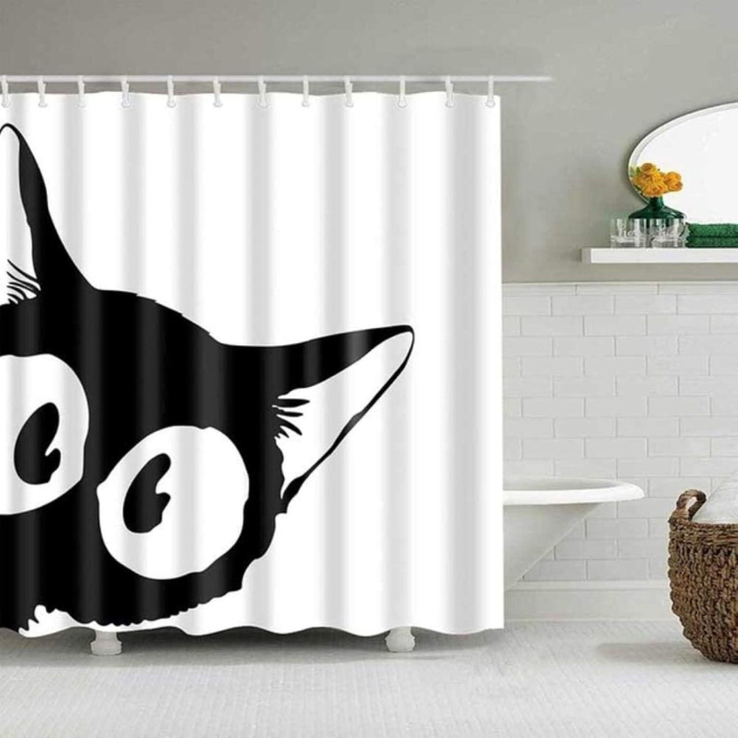 DUSCHVORHANG Katze Schwarz 90 x 180 cm wasserdicht schimmelresistent maschinenwaschbar - Weiß, Textil (90/180cm) - MCBOSON