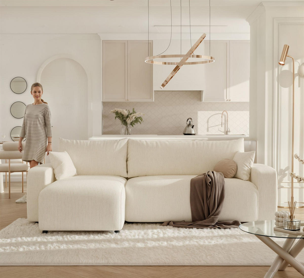 ECKSOFA Luna Mit Schlaffunktion - Creme, Holzwerkstoff/Textil (248/145cm) - Fun Möbel