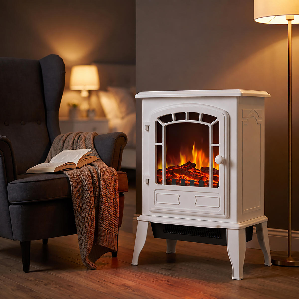 KAMIN Vit elektrisk med värmefläkt 2000 W - Vit, Glas/Plast (39/56.5/24cm) - Relaxdays