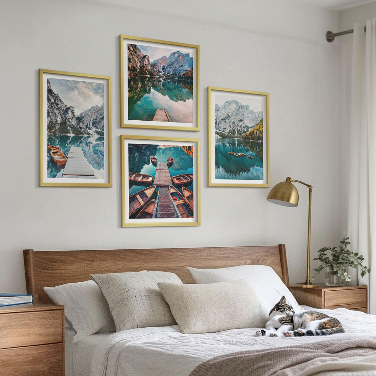WANDBILDER 4er Set - 50x50 cm & 40x60 cm Goldrahmen - See, Brücken, Berge - Goldfarben, Kunststoff (50/50cm) - ArtPrintCave