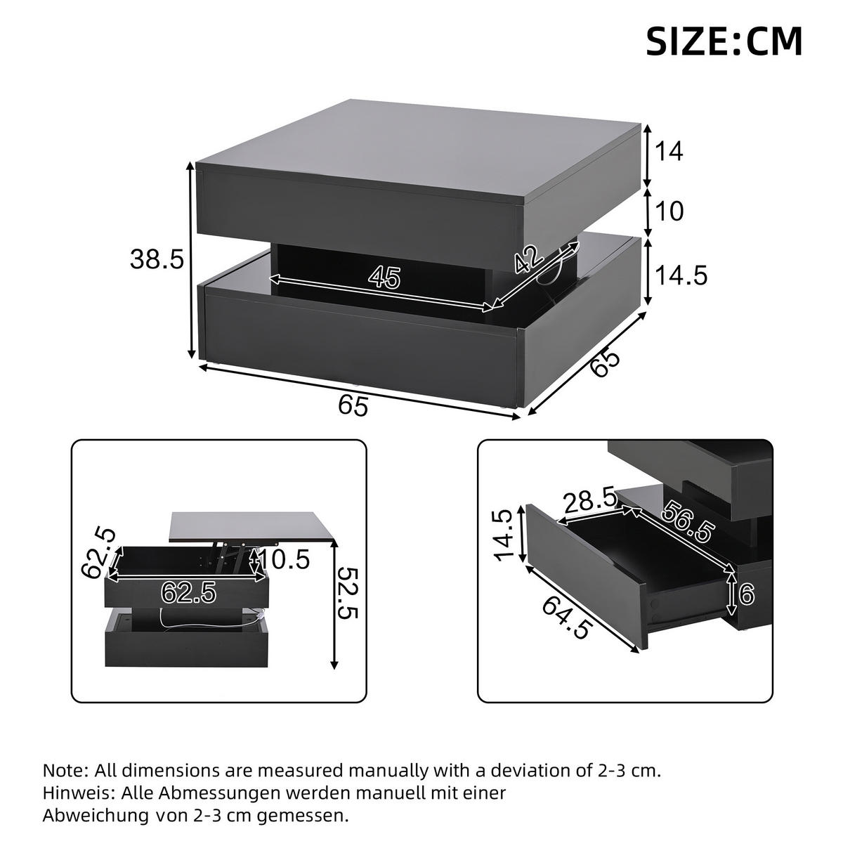 COUCHTISCH 65/65/38,5 cm in Schwarz aus Spanplatte mit LED-Licht und Stauraum - Schwarz, Holzwerkstoff (65/65/38.5cm) - OKMYHOME