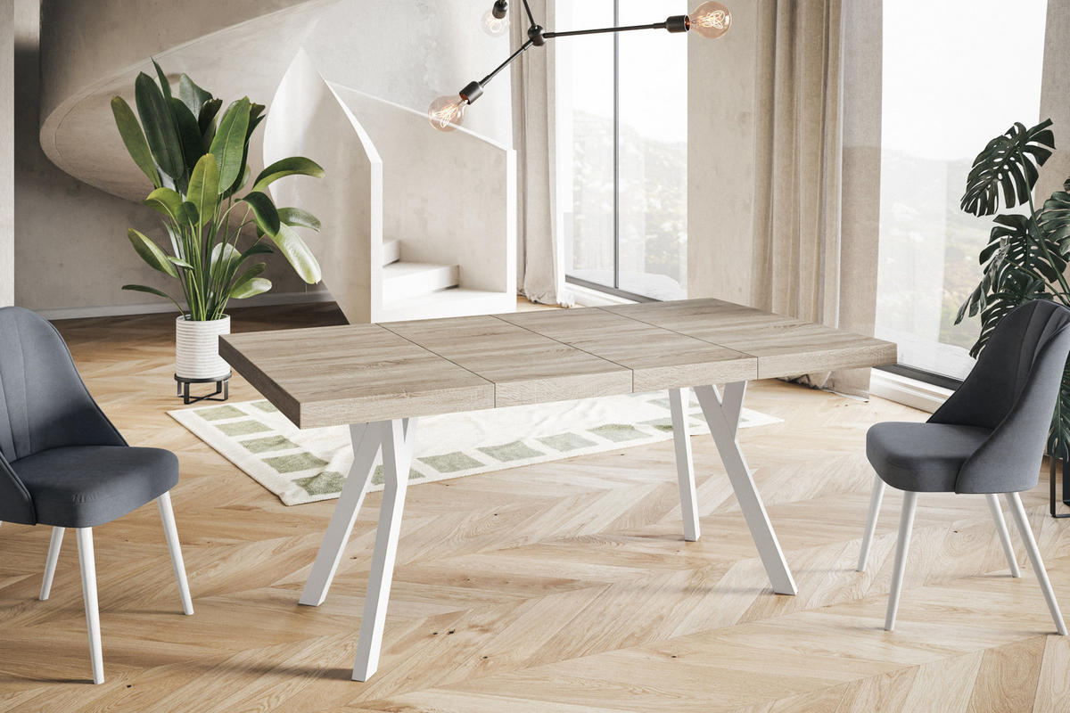 ESSZIMMERTISCH RICO, ausziehbarer Tisch120-220X120X77 cm, Farbe: SONOMA, mit Holzbeinen in Farbe Weiß - Weiß/Sonoma Eiche, Holzwerkstoff (120/120/77cm) - Alpi-Möbel