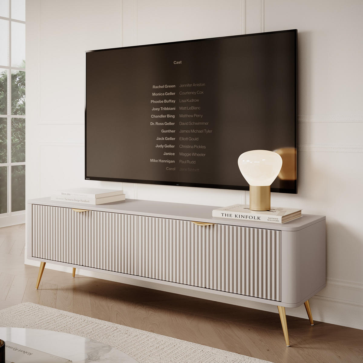 TV-LOWBOARD 163 cm Beige / Gold - mit geriffelten Fronten - 2 Türen - Beige/Gelb, Holz/Holzwerkstoff (163/51/38cm) - Ravio