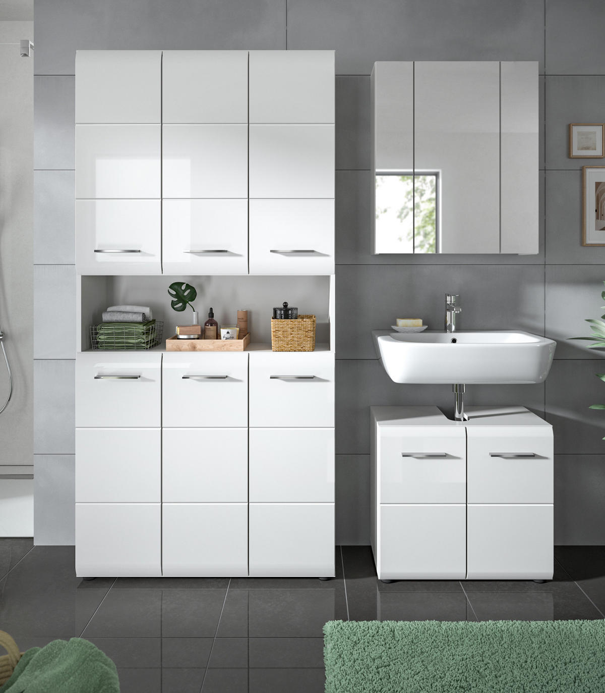 BADMÖBEL SET 3-teilig in weiß Hochglanz Badkombination 165 x 185 cm Cover - Weiß Hochglanz/Silberfarben, Holzwerkstoff/Kunststoff (165/185/30cm) - Inn.Furn