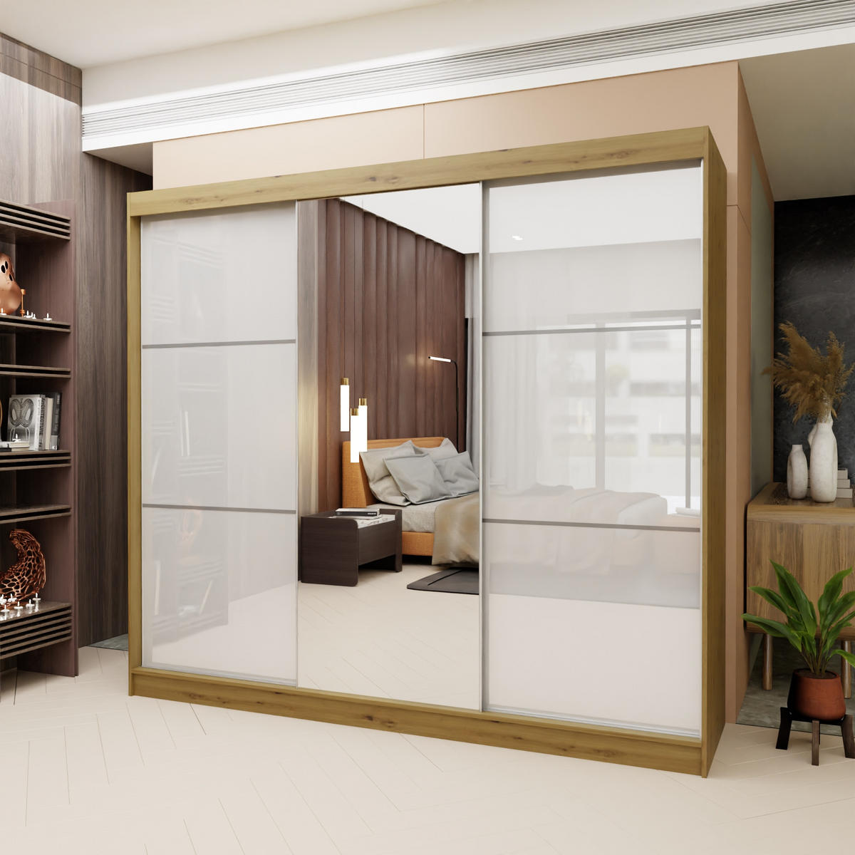 SCHWEBETÜRENSCHRANK VITALE 240/216/61 cm 3-türig mit Spiegel Eiche Artisan - Weiß/Eiche Artisan, Holzwerkstoff (240/216/61cm) - MASSENO