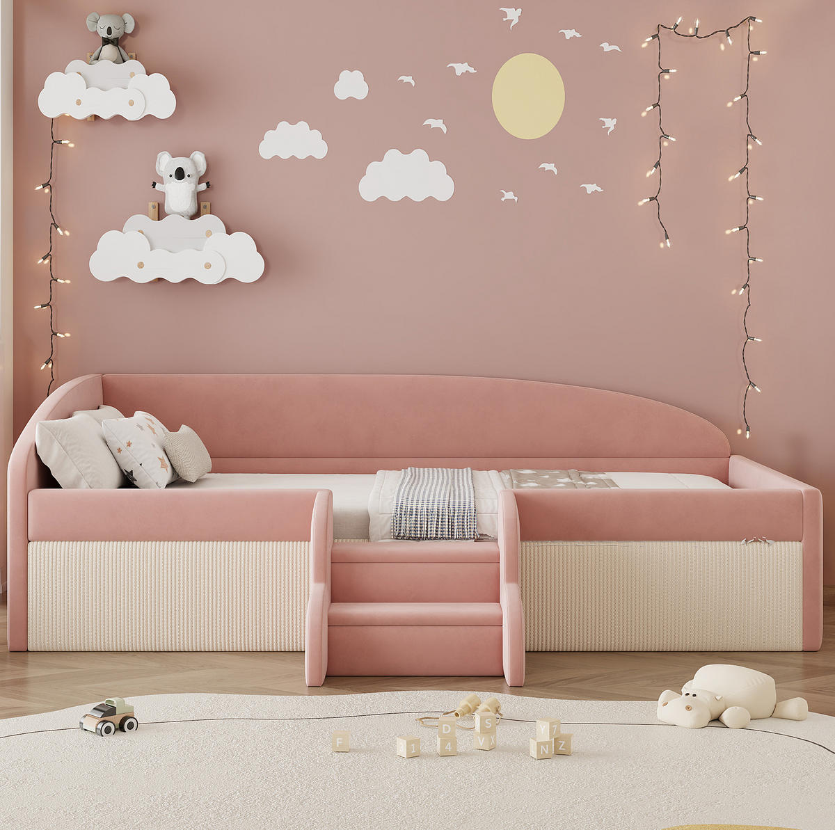 POLSTERBETT 90/190 cm aus Samt mit Stufen und Schutzbügel, Rosa/Weiß - Pink, Textil (90/190cm) - OKMYHOME