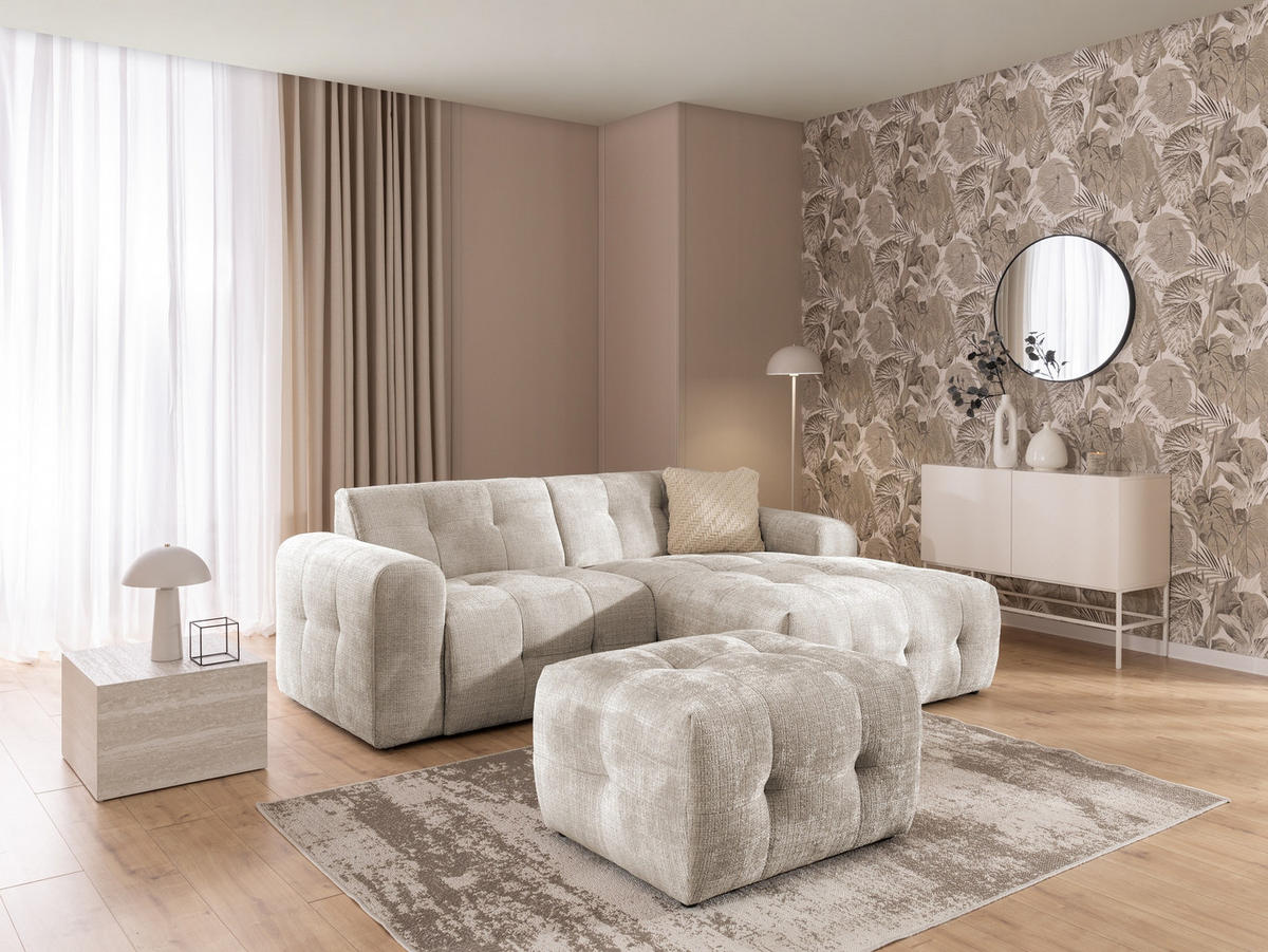 ECKSOFA inkl. Hocker Kozy im Bumpy-Design mit Schlaffunktion und fester Rückenlehne aus weichem Dunkelbeige Chenille-Stoff - Ottomane rechts - Beige/Schwarz, Holz/Kunststoff (234/161cm) - S-Style Möbel