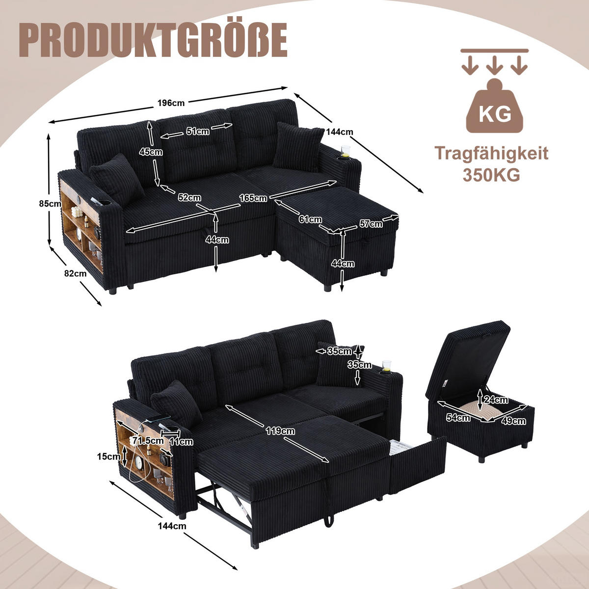 SCHLAFSOFA 3-er Sofa mit Schlaffunktion,Aufbewahrungshocker,Cord,Schwarz - Schwarz, Textil (196/85/119cm) - LVHOM