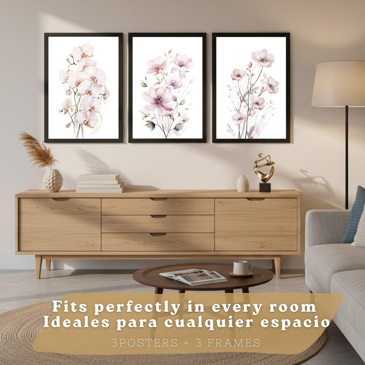 POSTER 3er-Set Wandbilder Orchidee Rosa modern Wohnzimmer Deko, Schlafzimmer, Küche, Badezimmer Rahmenlos A4 - Schwarz, Papier (29.7/1/21cm) - Nacnic