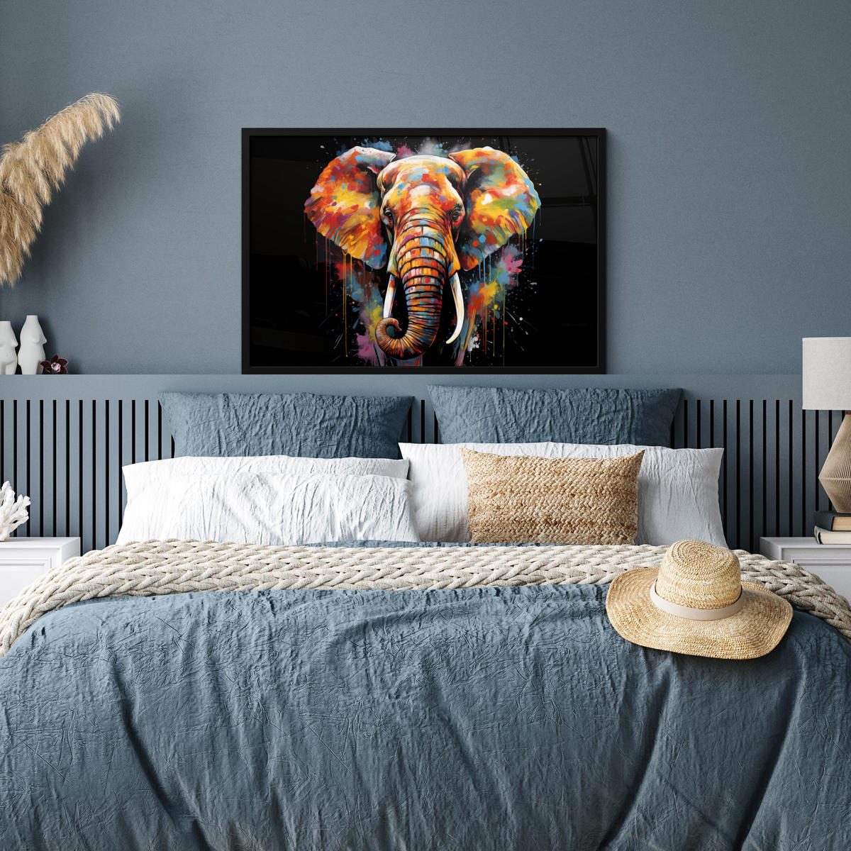 POSTER MIT RAHMEN Elefant - Graffiti - Schwarz - Tiere - Farben 90x60 cm - Schwarz, Papier (90/60cm) - MuchoWow