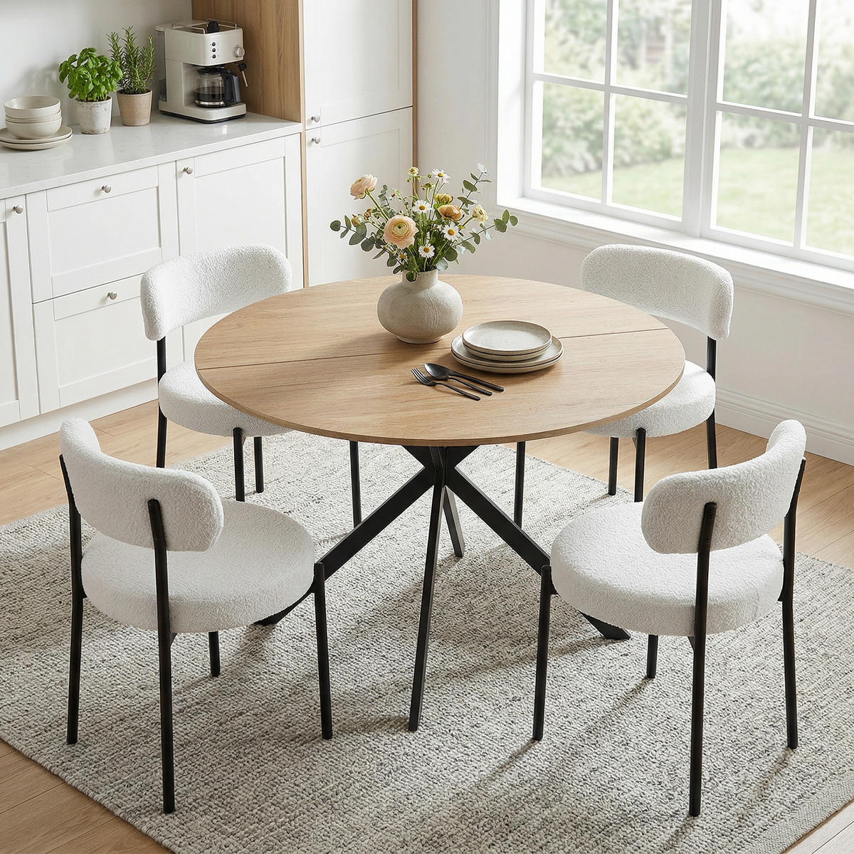 ESSGRUPPE 5er Set Spanplatte Polyester Cremeweiß Eiche - Eichefarben/Creme, Textil/Metall (120/75/120cm) - HOMCOM