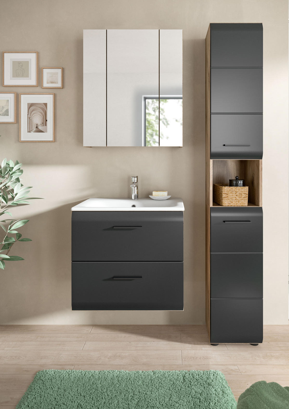 BADMÖBEL-SET 3-teilig Schwarz matt, Eiche Nox, Badezimmer Komplett-Set mit Waschbecken, 105 x 185 cm - Eichefarben/Schwarz, Glas/Keramik (105/185/46cm) - Inn.Furn