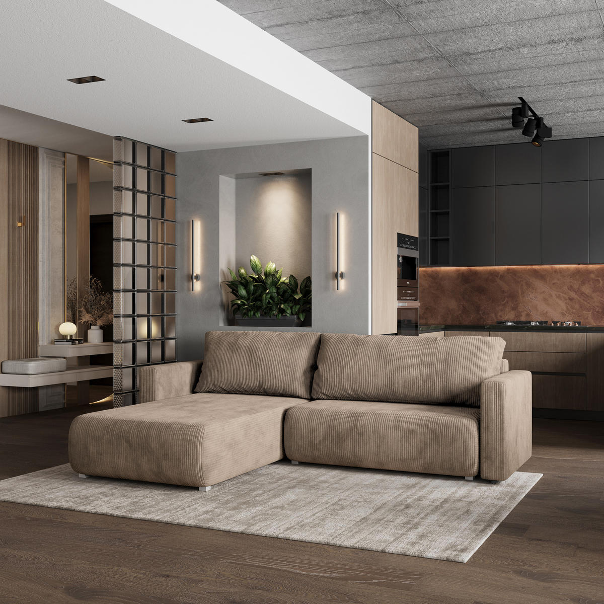 ROHOVÁ SEDAČKA TURIN béžová - šedá/béžová, dřevo/textil (265/183cm) - MASSENO