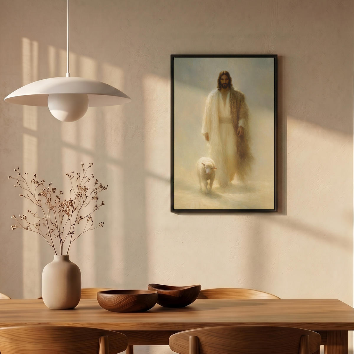 LEINWAND Bilder mit Rahmen - Schaf - Jesus - Pinselstriche - Abstrakt - 40x60 - Beige, Textil (40/60cm) - MuchoWow