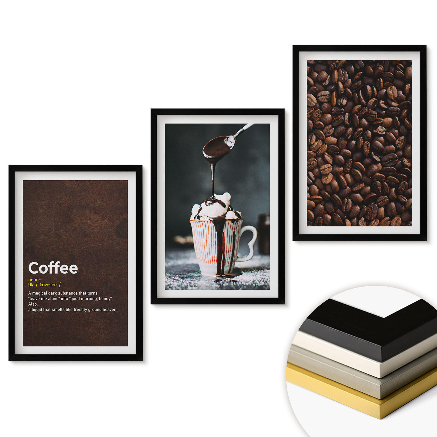 WANDBILDER 3er-Set - 40x60 cm Schwarzer Rahmen - Kaffeegetränk mit Schlagsahne - Schwarz, Kunststoff (40/60cm) - ArtPrintCave