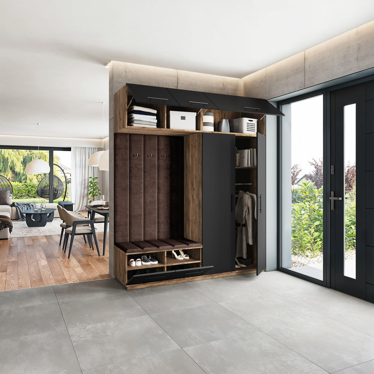 GARDEROBENSCHRANK REMA 200/240/60 cm Modern Garderobe-Set Eiche Lefkas - Eichefarben/Schwarz, Holzwerkstoff (200/240/60cm) - MASSENO