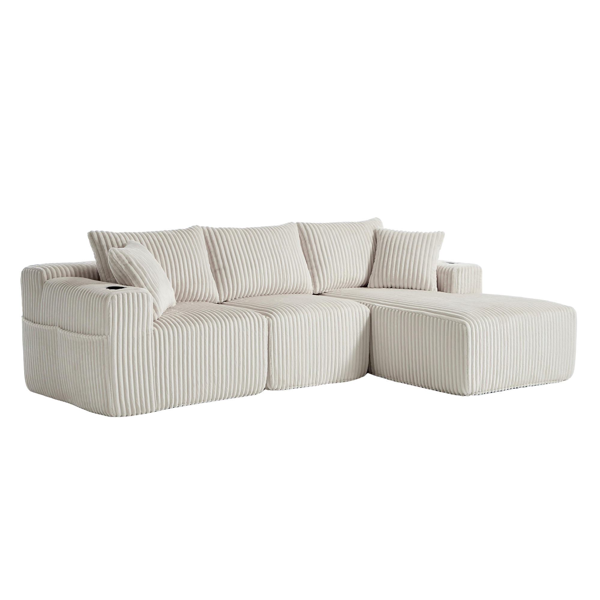 ECKSOFA Cord Beige mit Kissen, Seitentaschen und Getränkehalter - Beige, Textil (257/160cm) - WISHDOR