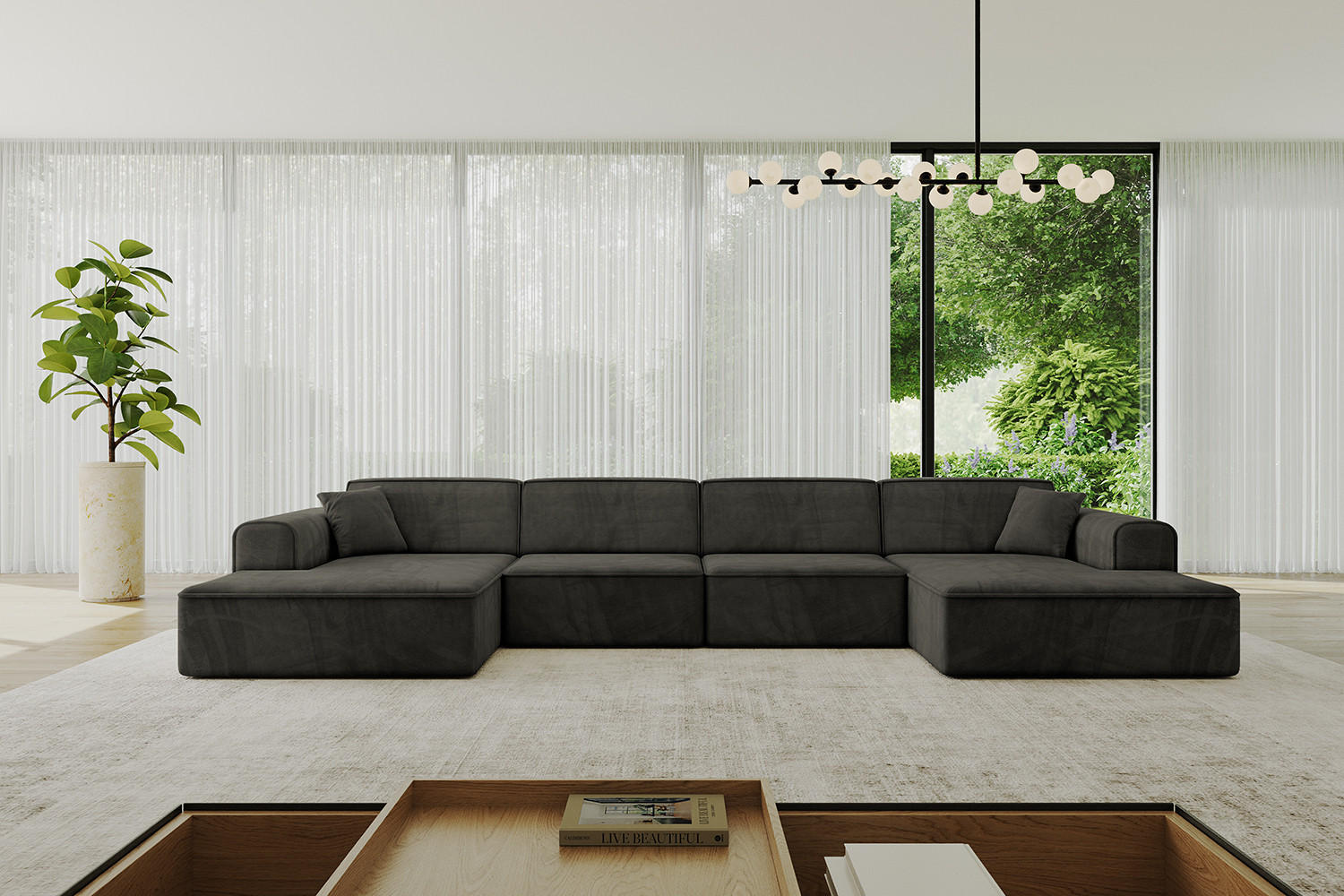 WOHNLANDSCHAFT IREA-U2-v3 - 388x171x79 cm Schwarz - Schwarz, Holzwerkstoff/Textil (388/79/171cm) - ALTDECOR