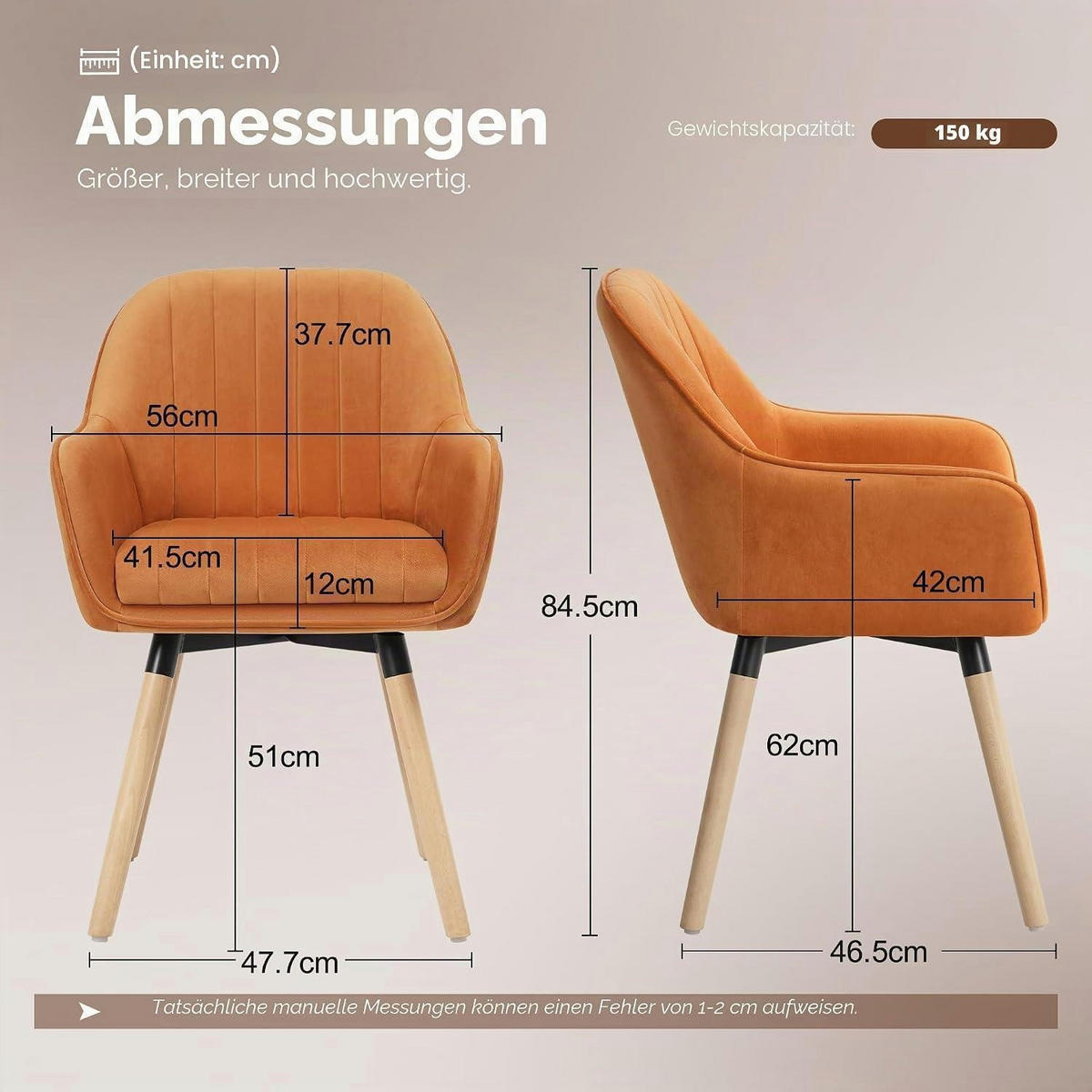 ESSZIMMERSTUHL 2er Set Samt Braun 360° drehbar - Orange, Textil (47.7/84.5/46.5cm)